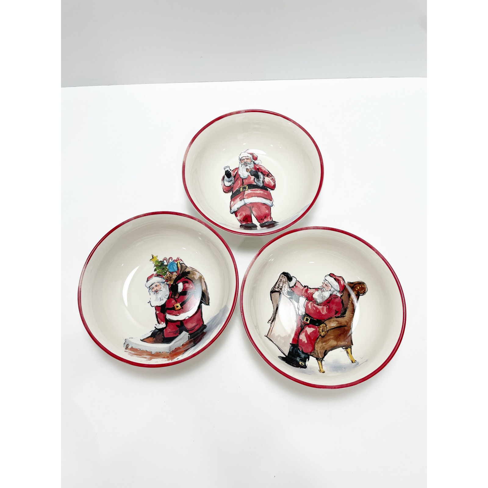 Pottery Barn Painted Santa Melamine Bowls Christmas Set of 3