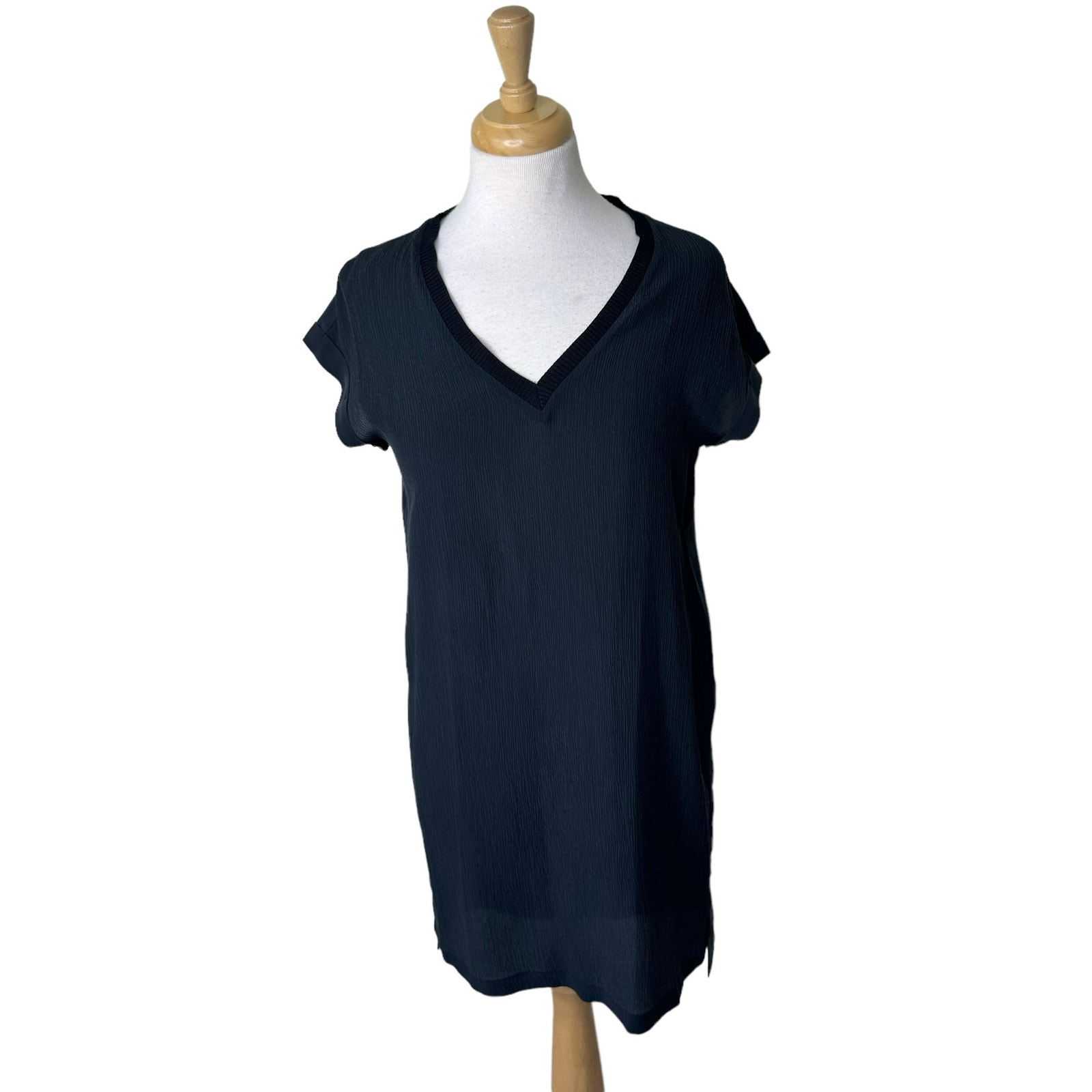 GO by GoSilk 100% Silk Ribbed V Neck Short Sleeve Mini Dress Size Small
