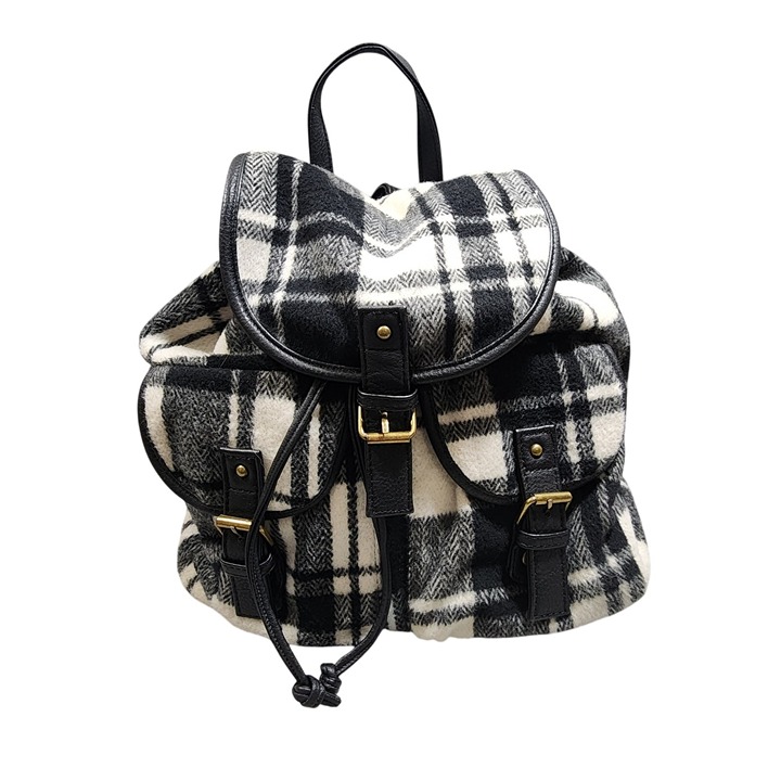 Black-White Plaid Cinch Magnetic Top Backpack Shoulder Bag Purse Under One Sky