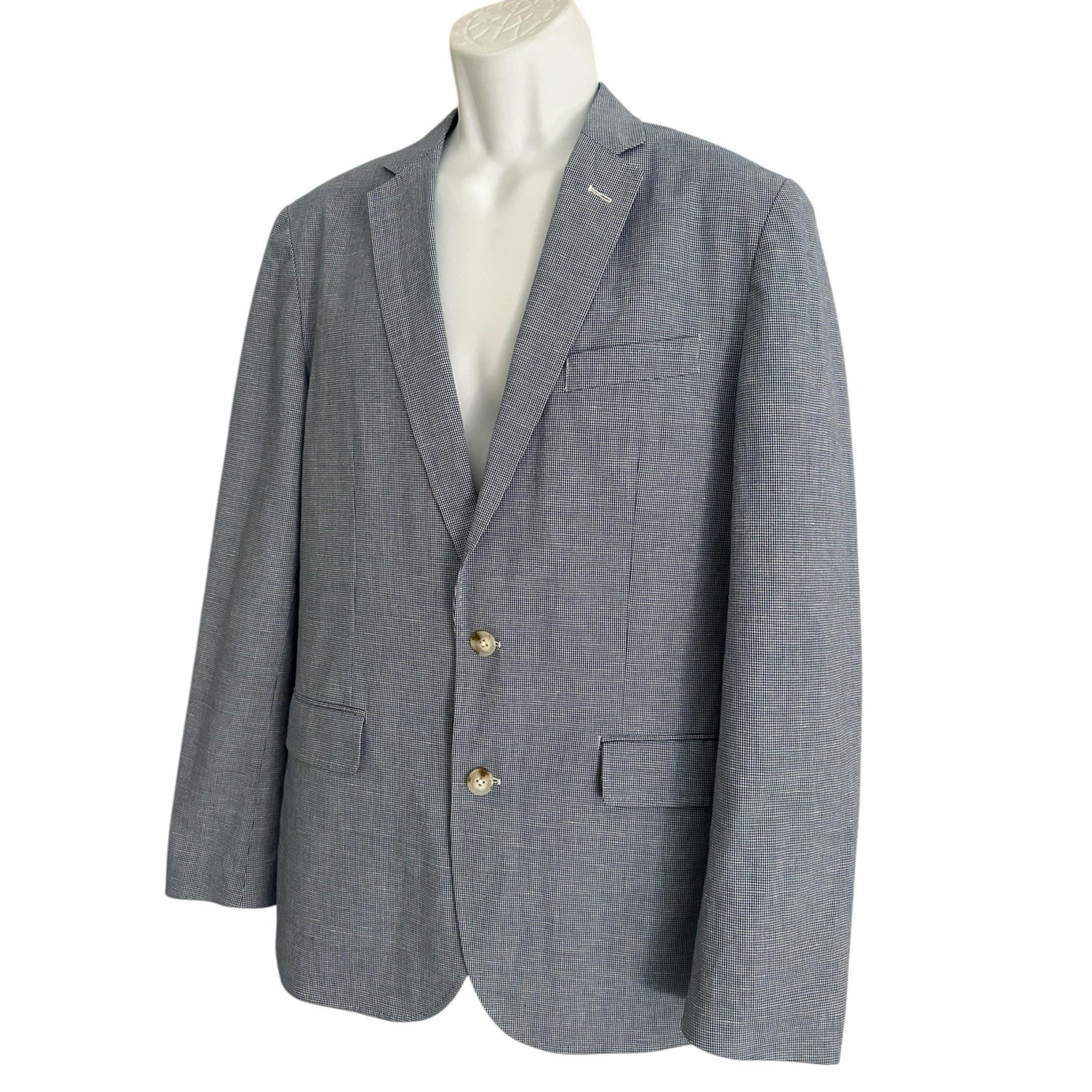 J Crew Blazer Ludlow Somelos Blue Tiny Houndstooth Unstructured Cotton Linen 38R