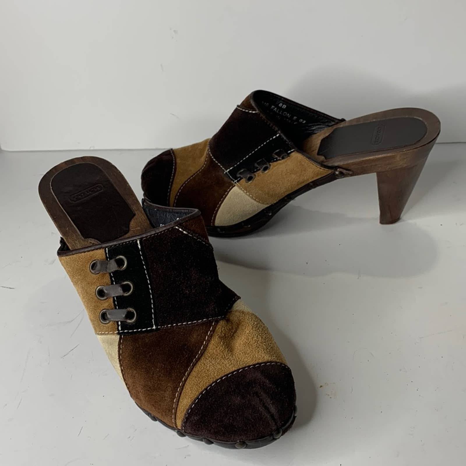 Coach Fallon brown patchwork suede wood heel clogs