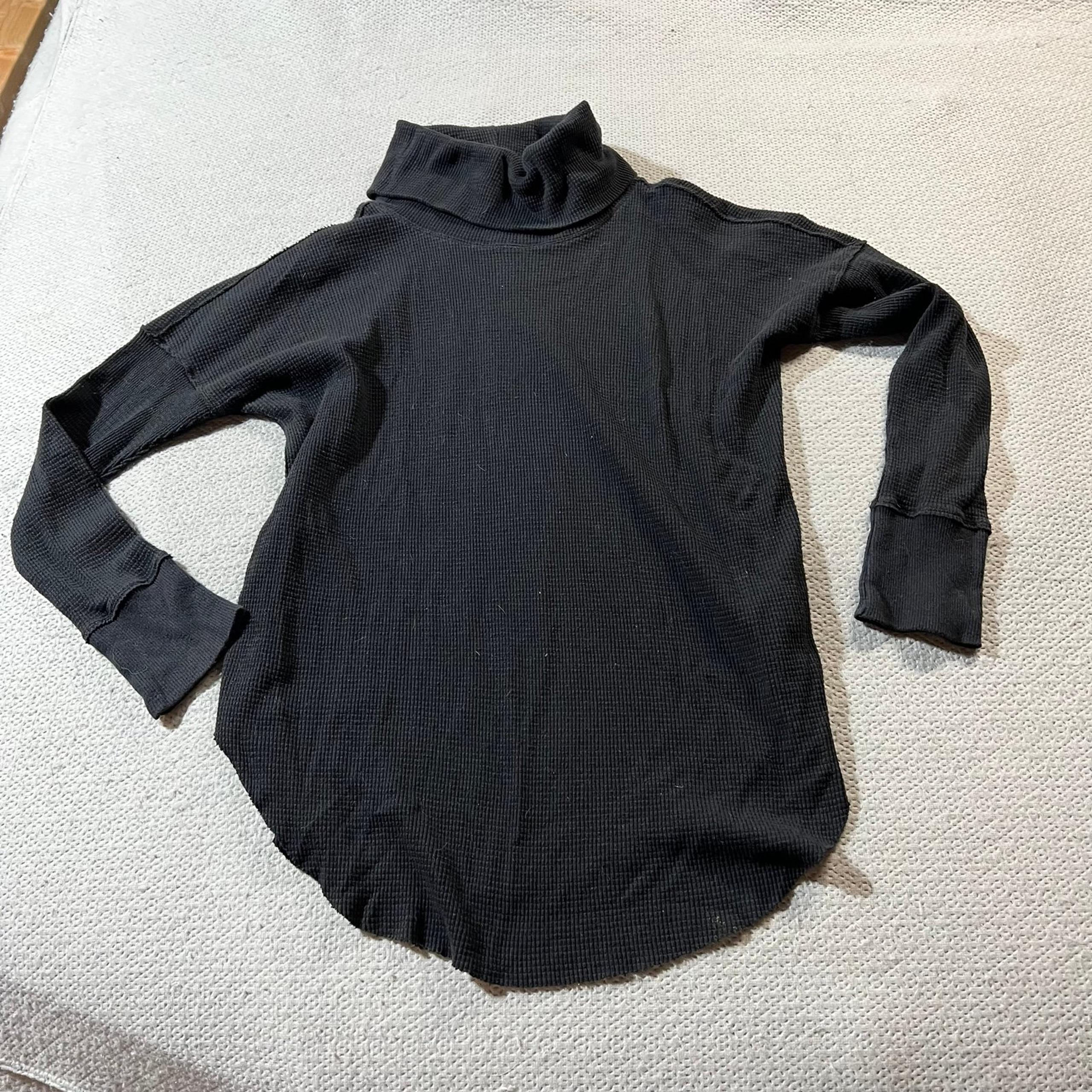 TNA Aritzia Black Turtleneck Waffle Knit Thermal Cotton Blend Long Sleeve Top M