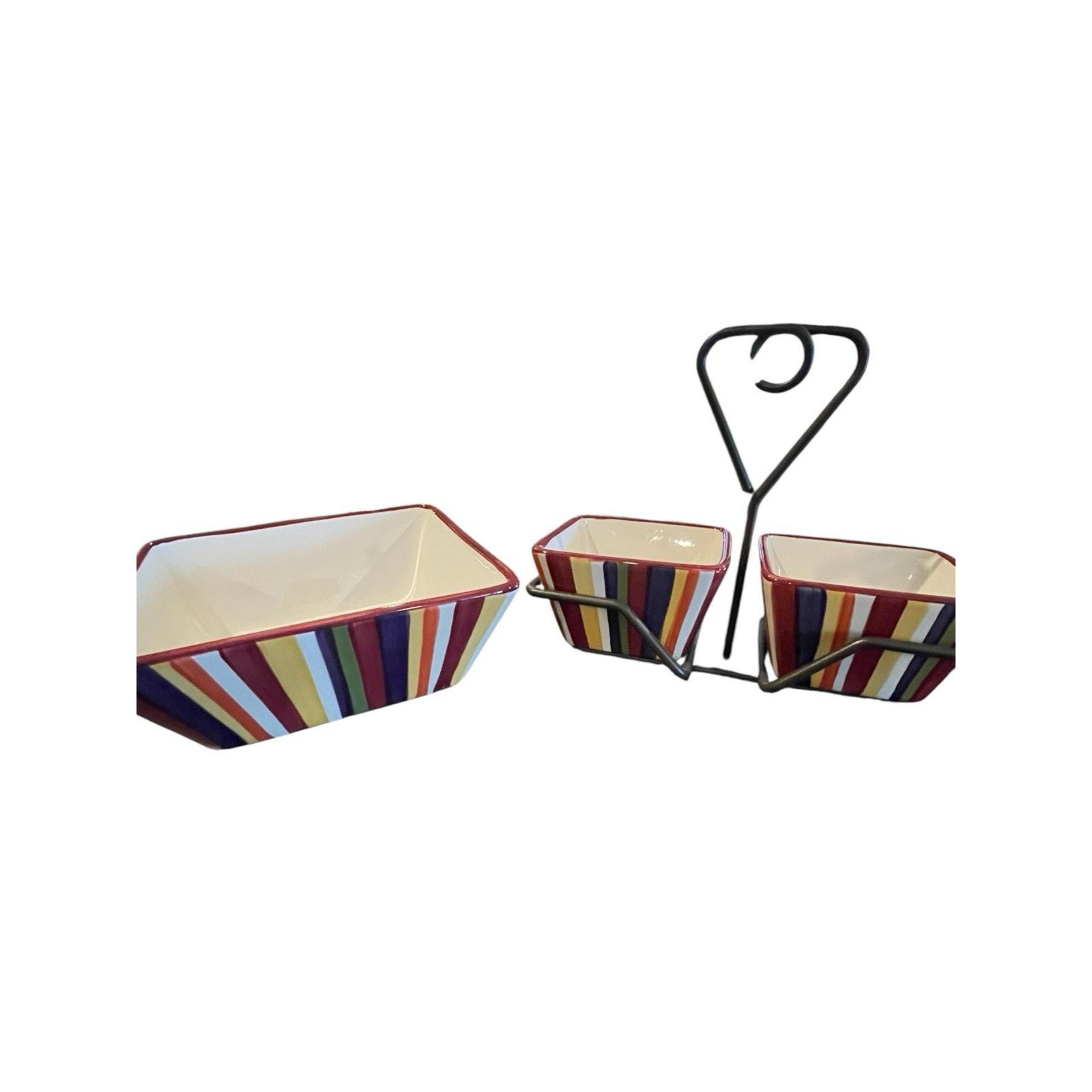 PAMPERED CHEF SIMPLE ADDITIONS STRIPED CONDIMENT SERVING BOWLS WITH METAL CADDY