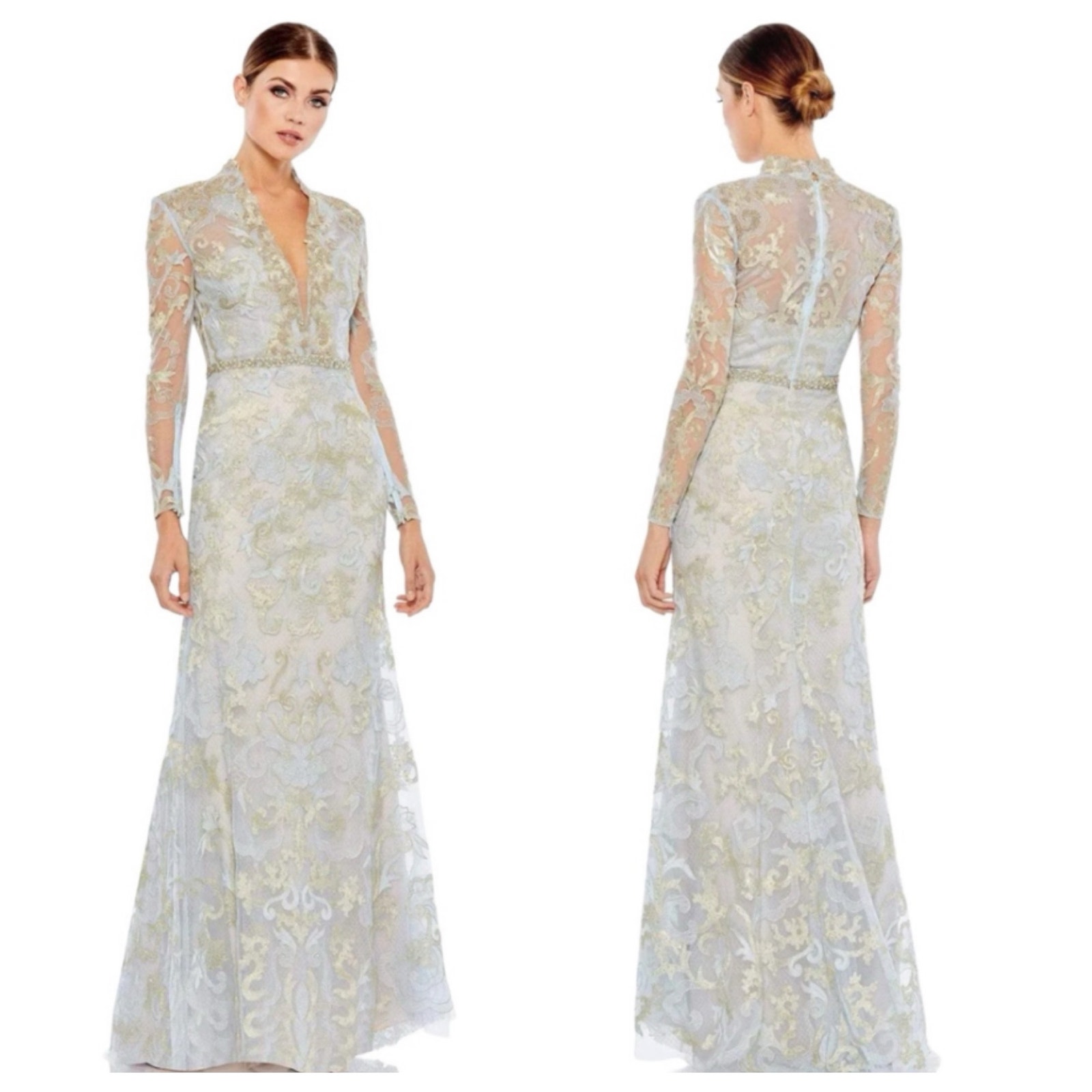 MAC DUGGAL Embellished Long Sleeve V-Neck Trumpet Gown Size 12 NWT