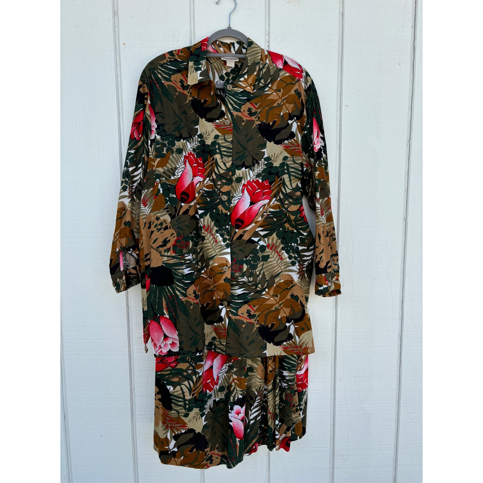 Vintage John Meyer Skirt Set, Tropical, Pleated Skirt & Button Down Shirt, Sz 14