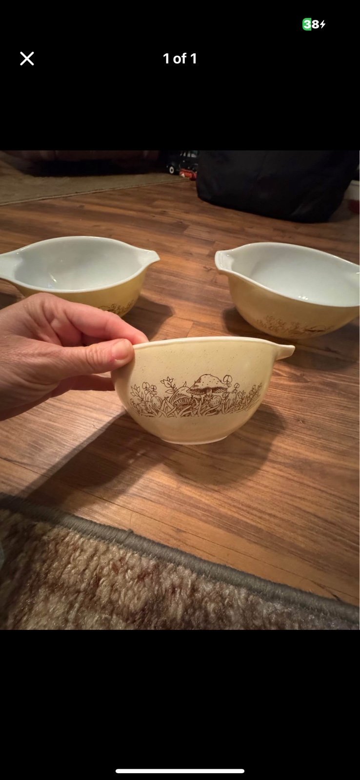 3 Pyrex forest fancies mushrooms Cinderella nesting bowls