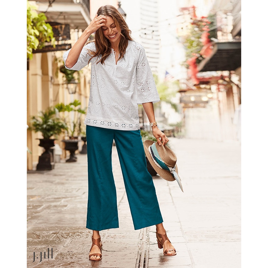 J. Jill Jenna Belted Full Leg Crop Linen Stretch Pants Pacific Teal Size Large
