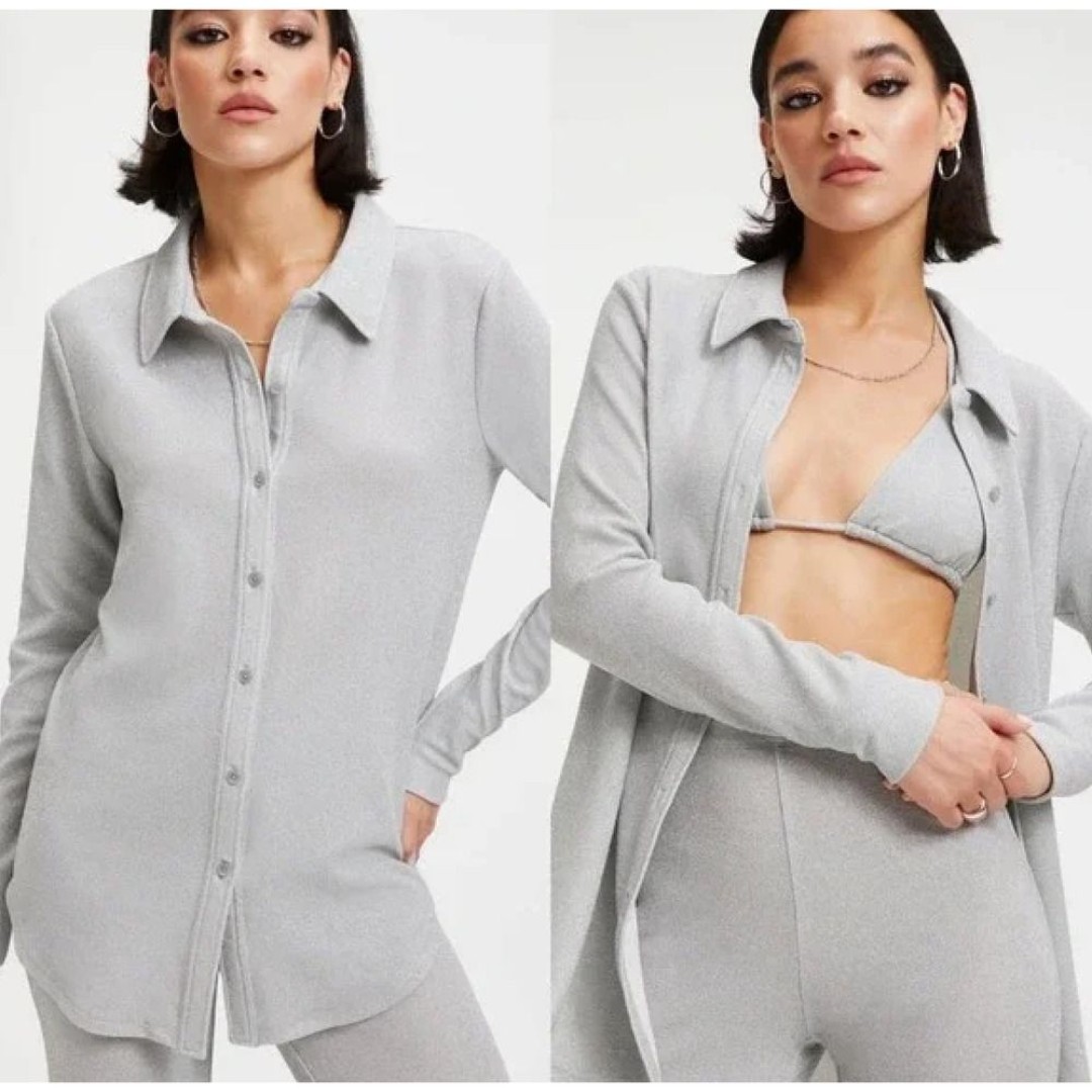 Good American Sparkle Button Down Top Silver Swim Cover Up