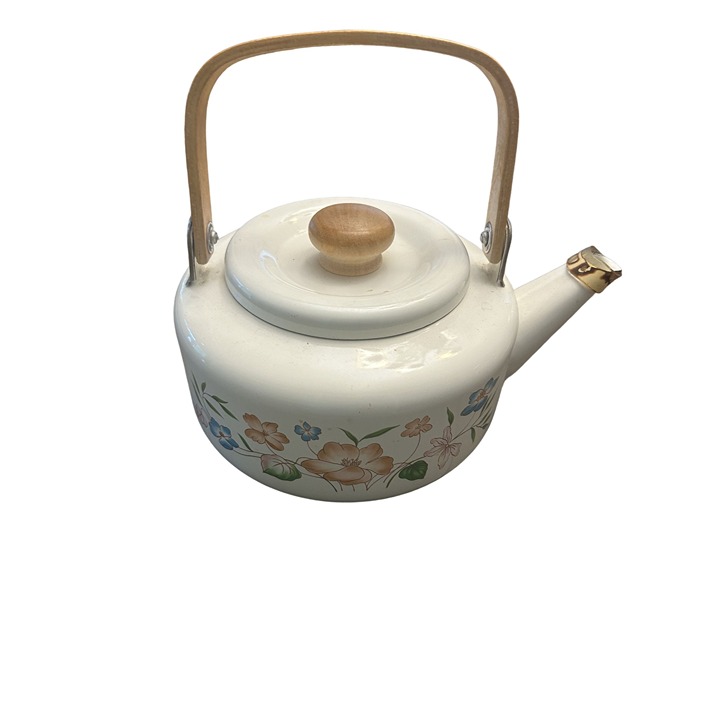 Vintage Enamel Floral Teapot With Wooden Handle & Lid Knob