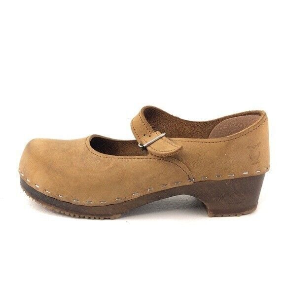 Sandgrens Brown Leather Swedish Wooden Mary Jane Clogs EUR 35 Womens Size 4-4.5