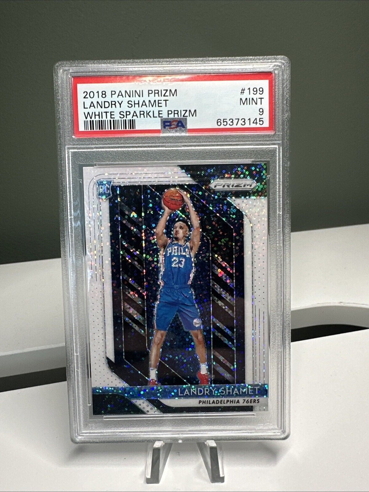 2018-19 Panini White Sparkle Prizm #199 Landry Shamet 76ers RC Rookie SP PSA 9
