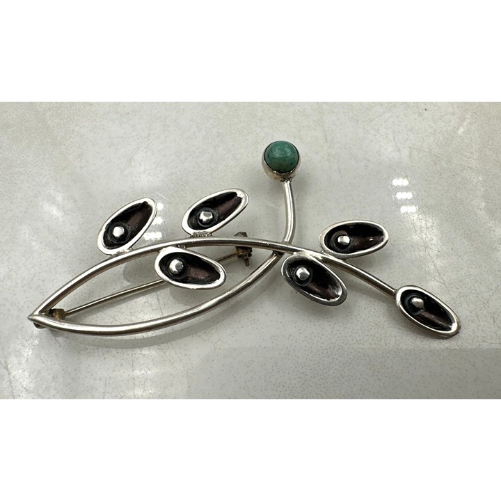 Vintage Sigi Pineda Tasco Sterling Silver Brooch Pin Turquoise Taxco Leaf 925