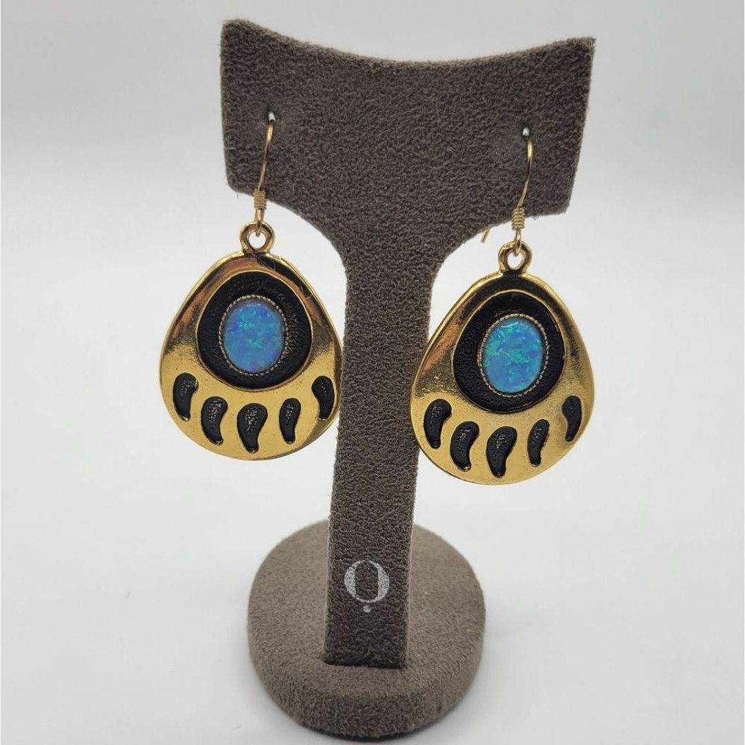 Gold and Black Teardrop Earrings with Blue Opal
