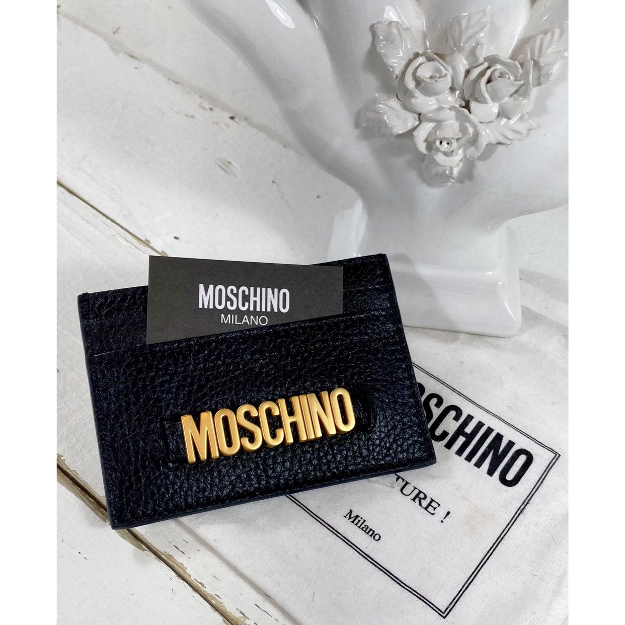 Moschino Couture Black Leather Logo Card Holder
