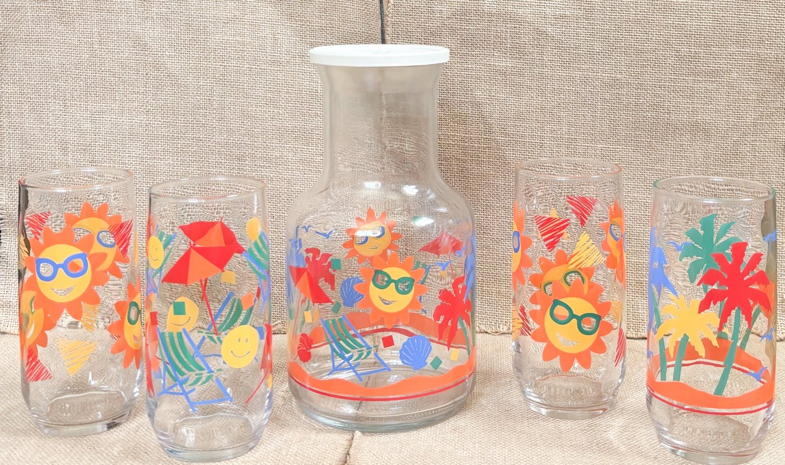 Vintage Libbey Tropical Beach Carafe & Optic Swirl Glass Tumbler Set Coastal Fun