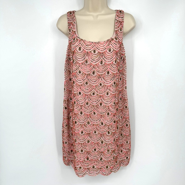 NWT ANTHROPOLOGIE MOULINETTE SOEURS PINK GOLD SCALLOP HEM BEADED SHIFT DRESS 6