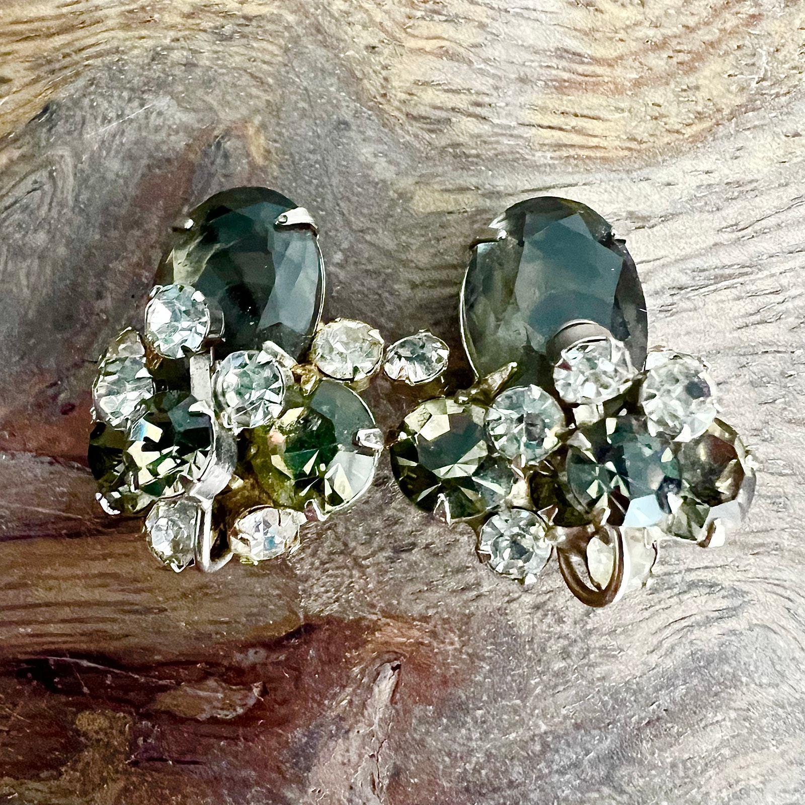 Vintage Juliana Faceted Olive Green Ornate Elegant Statement Clip On Earrings