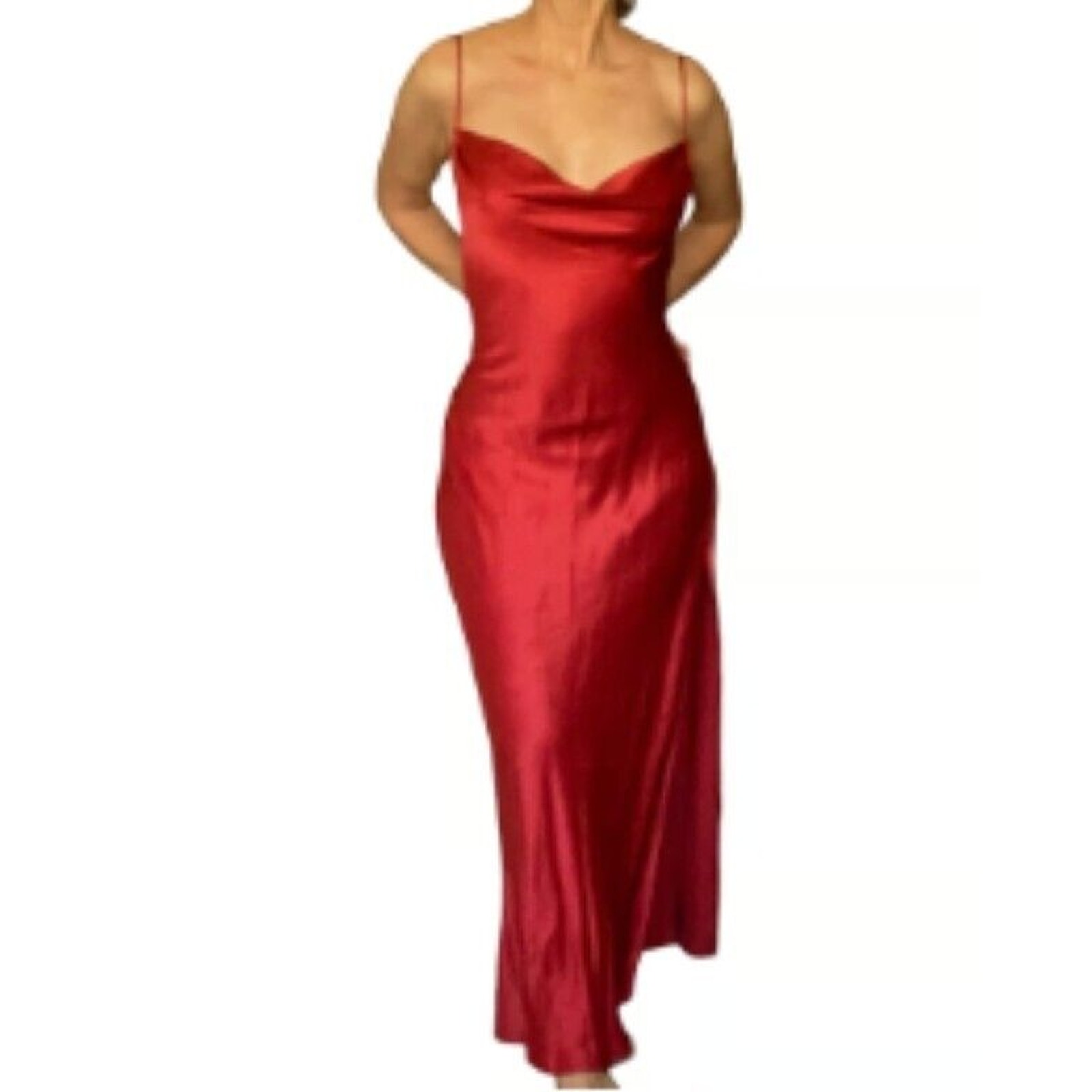 Victoria's Secret Silk Slip Gown Maxi Dress Cowl Neck Side Slit Scoop Back Red M