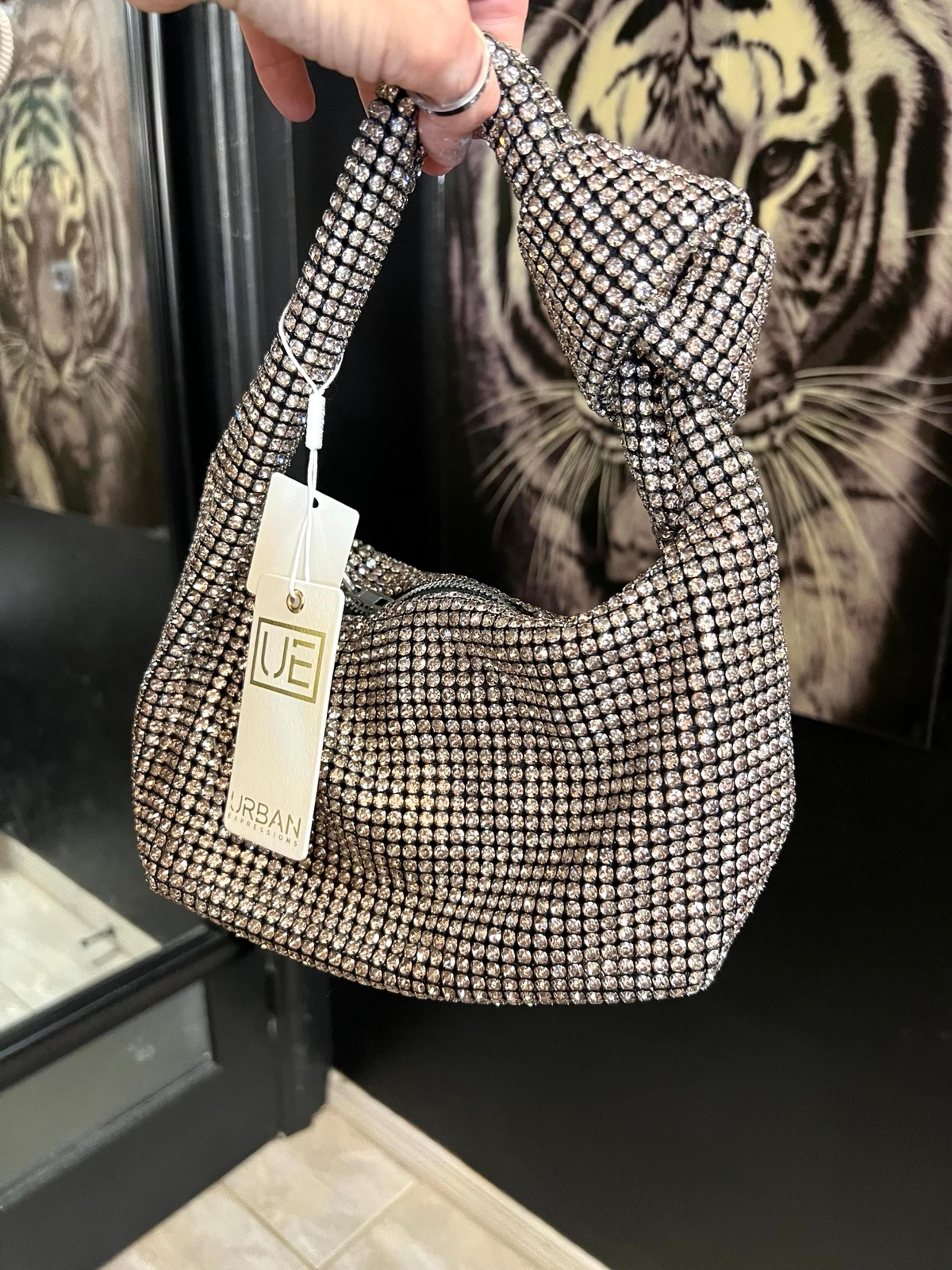 URBAN EXPRESSIONS CHAMPAGNE/PINK RHINESTONE SPARKLY KNOTTED SHOULDER BAG NWT
