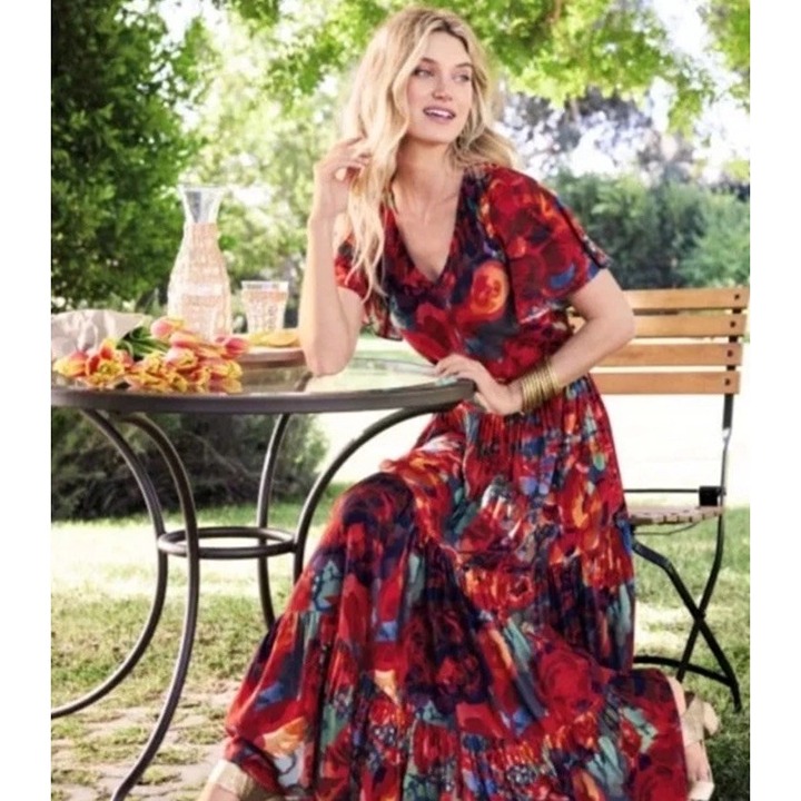 Soft Surroundings Printemps Maxi Dress Sz M Multicolor Floral Tiered Rayon Boho
