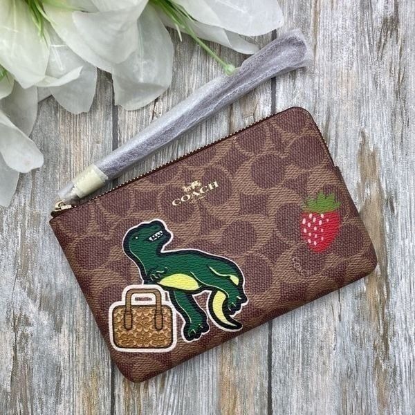 Coach Wristlet In Signature Canvas With Sticker Dinosaur Print Wallet Bag Purse