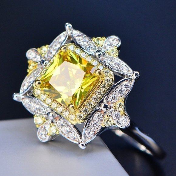 Stamped 925 Silver Citrine Diamond Ring