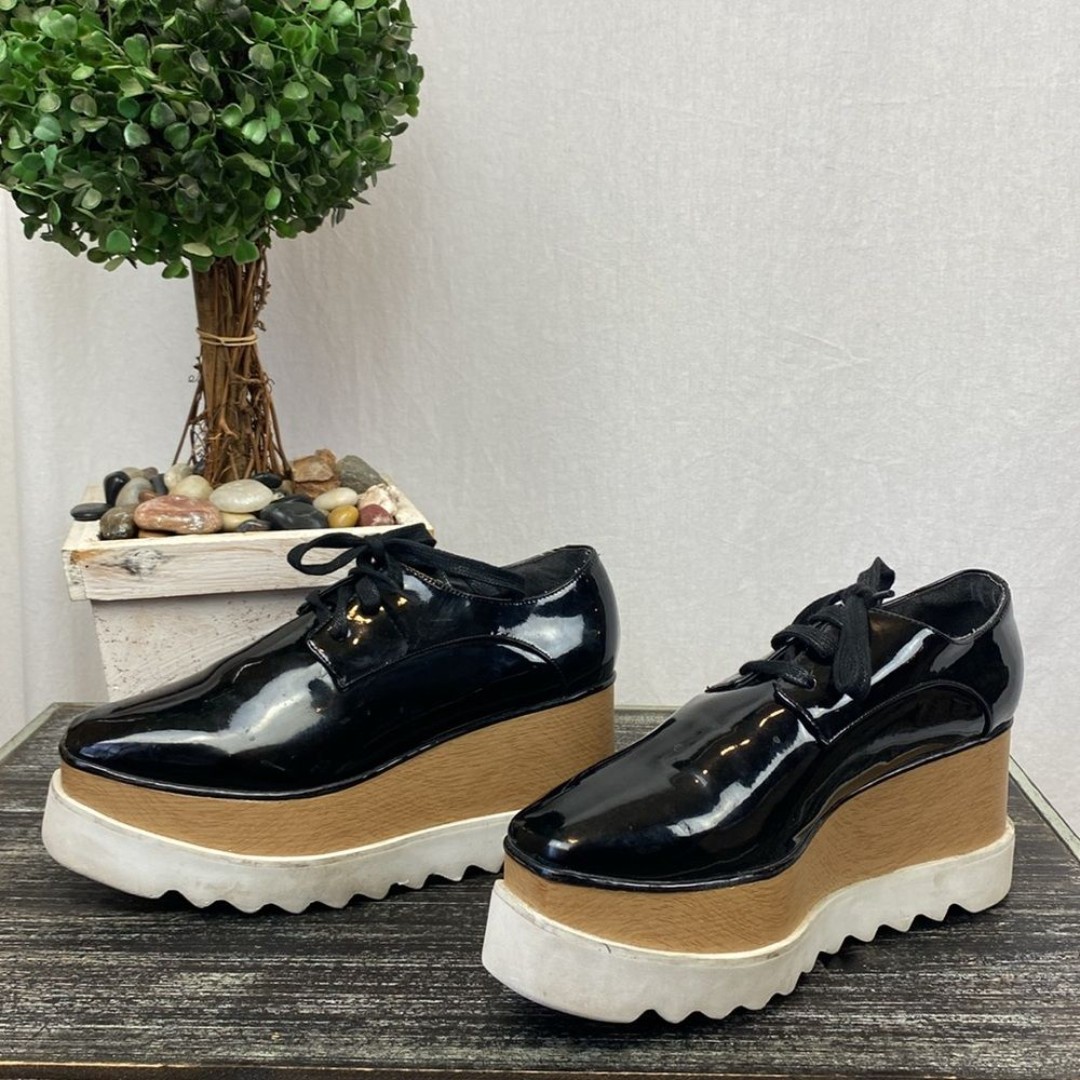 Jessica Buurman Black Patent Leather Lace Up Platform Sneaker Shoes 6.5