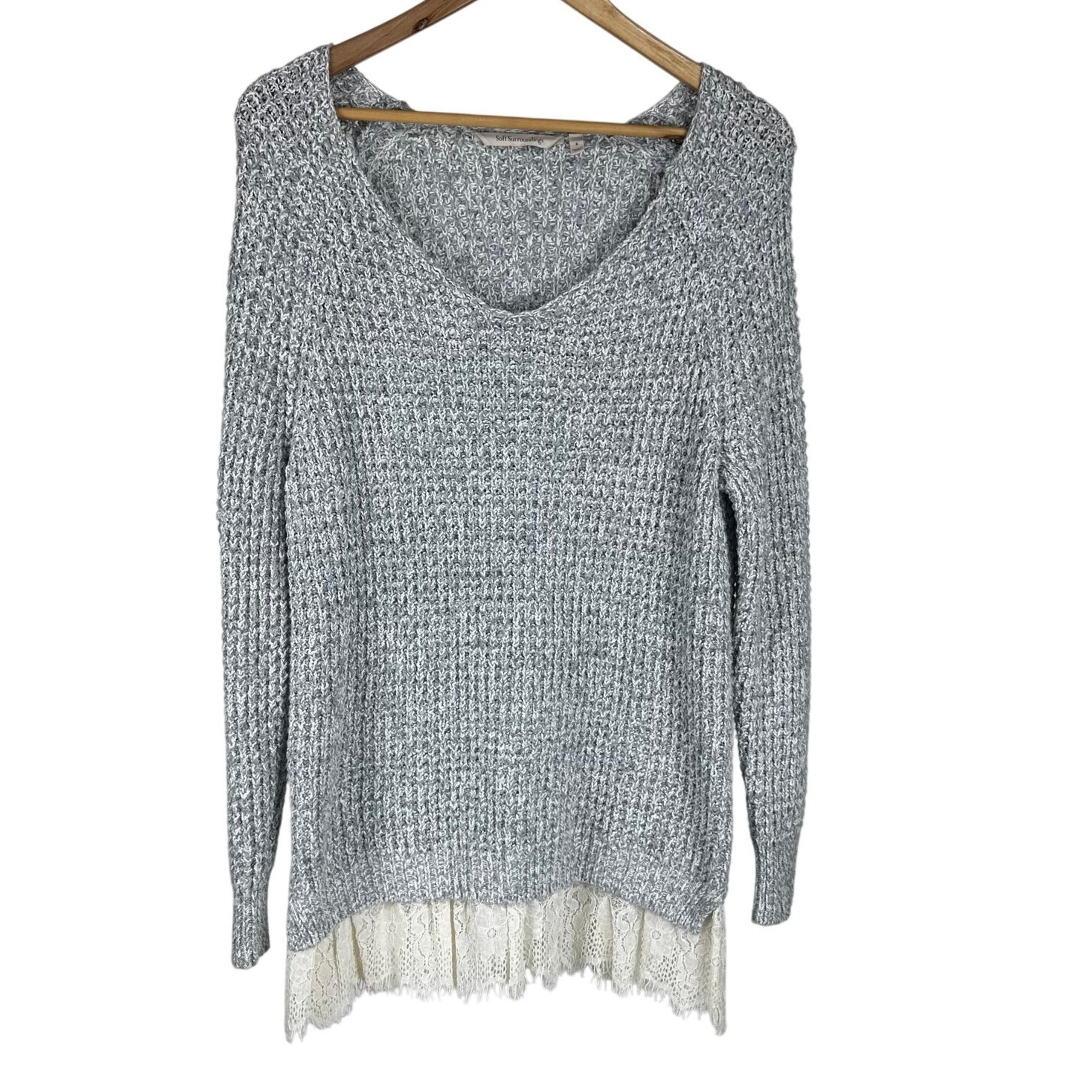 Soft Surroundings Soft Spoken Knit Sweater Gray Lace Trim V-Neck Size S EUC