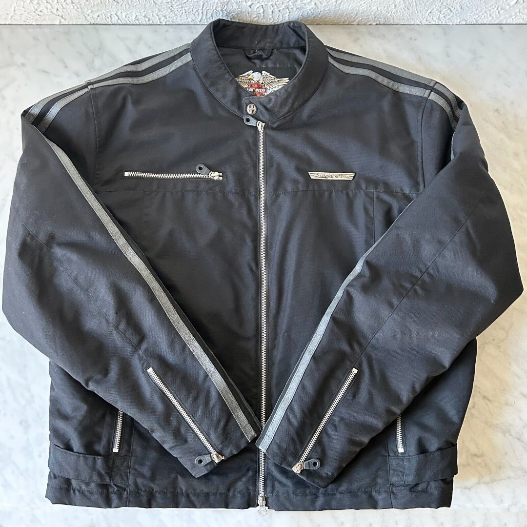 Harley-Davidson Men's Riding Jacket Black Nylon Leather Trim 2 Way Zip-Men's 2XL