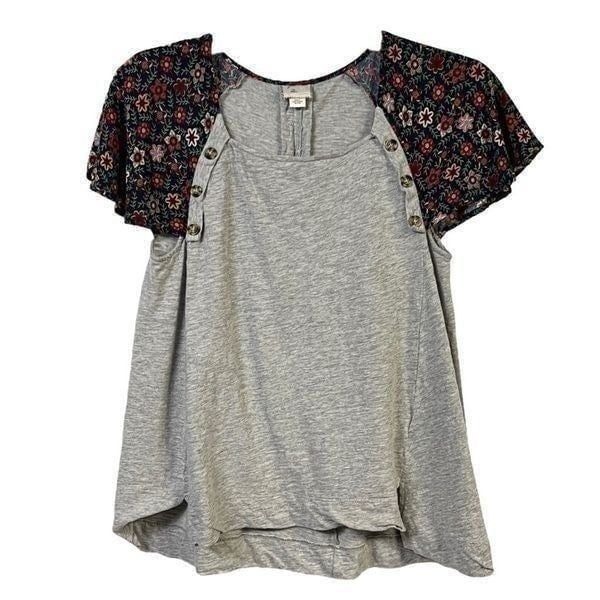 Anthropologie Womens Amberly Hi Lo Top Gray Floral Short Sleeve Buttons Boho XS