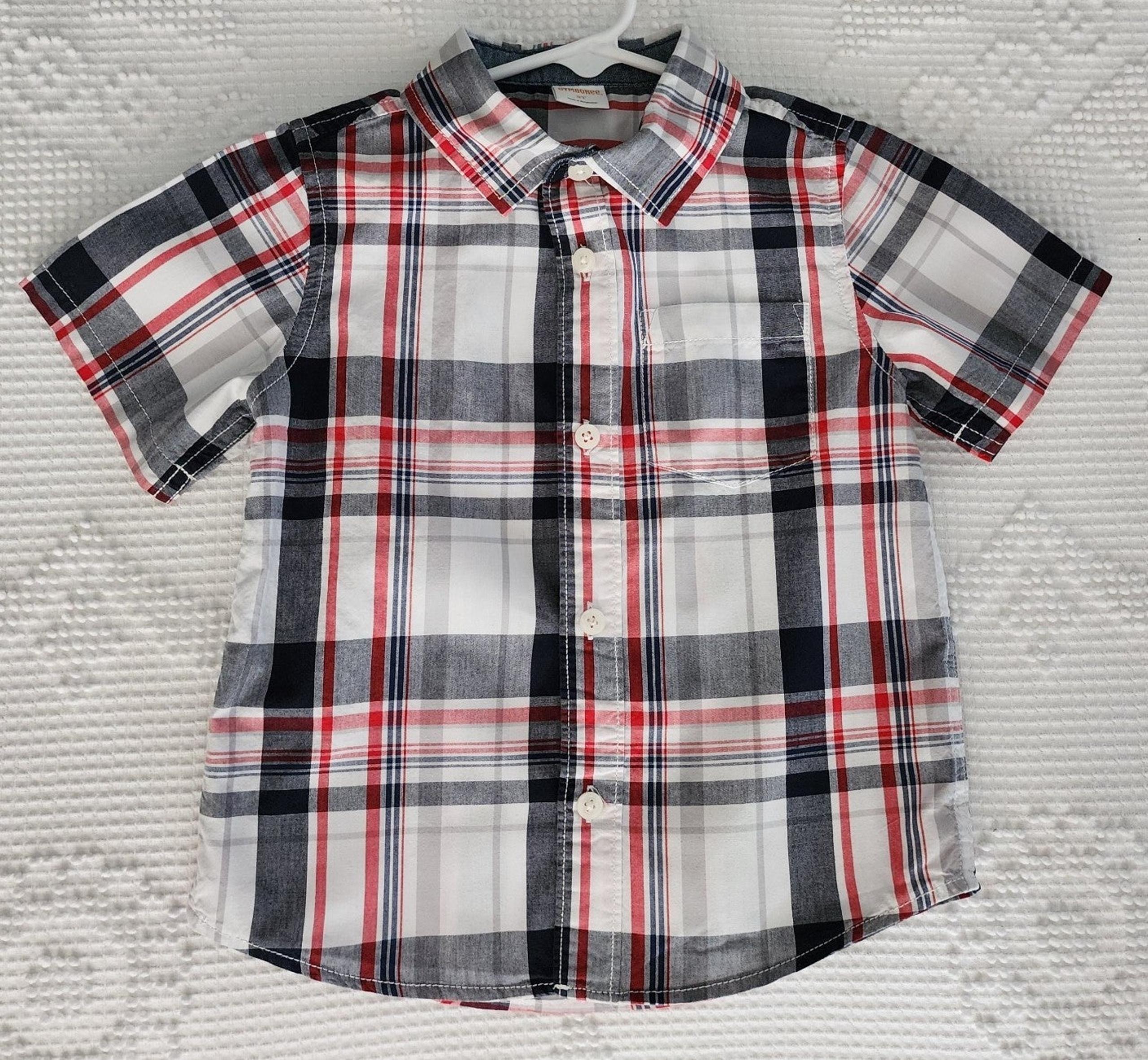 Gymboree Red White Navy Grey Plaid Short Sleeve Button Down Shirt Boys Size 3T