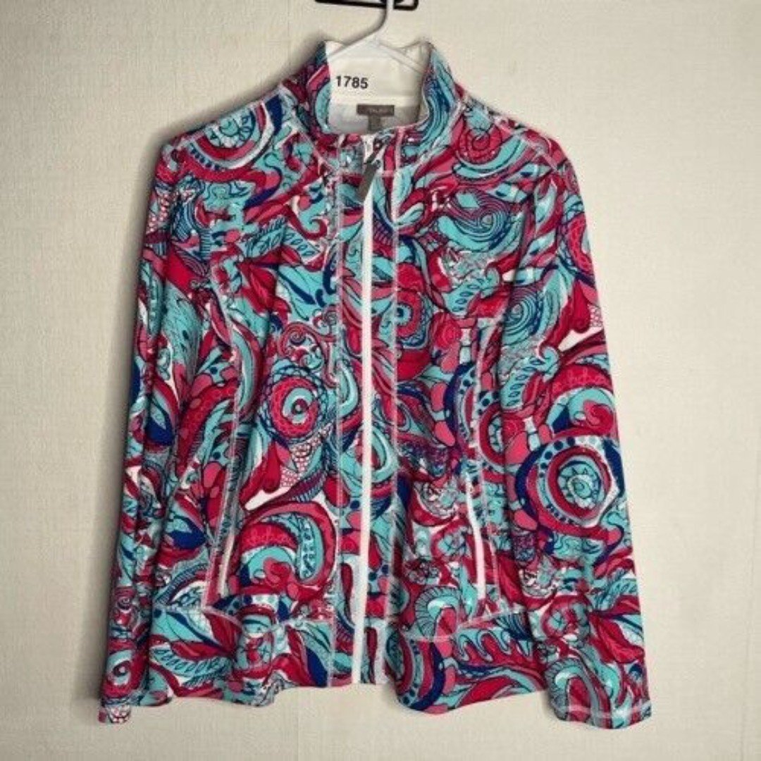 NWOT T by Talbots Full Zip Yoga Jacket Women Size XL Aqua Blue Pink Floral