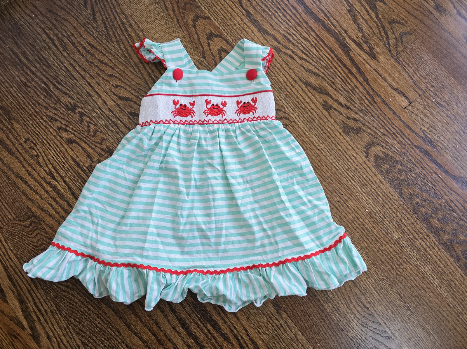 New Green Stripe Knit Smocked Crab Beach Aquarium Toddler Girl Dress, 2T