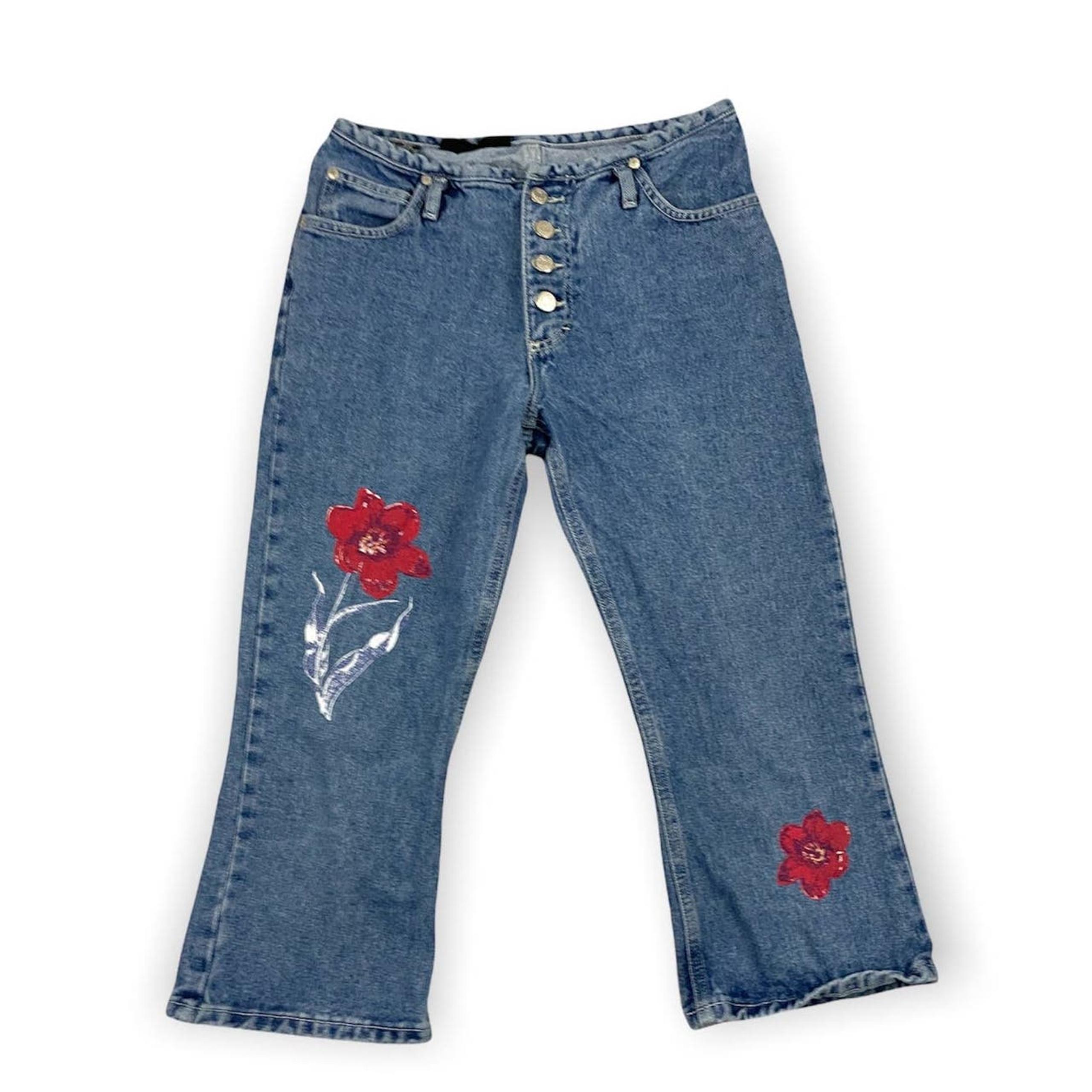 VTG Blue Denim Button Fly Jeans Cropped Floral Y2K Juniors Sz 7 No Boundaries