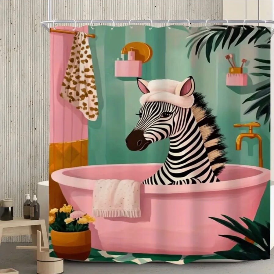 Zebra in Pink Bathtub Novelty Shower Curtain Room Partition