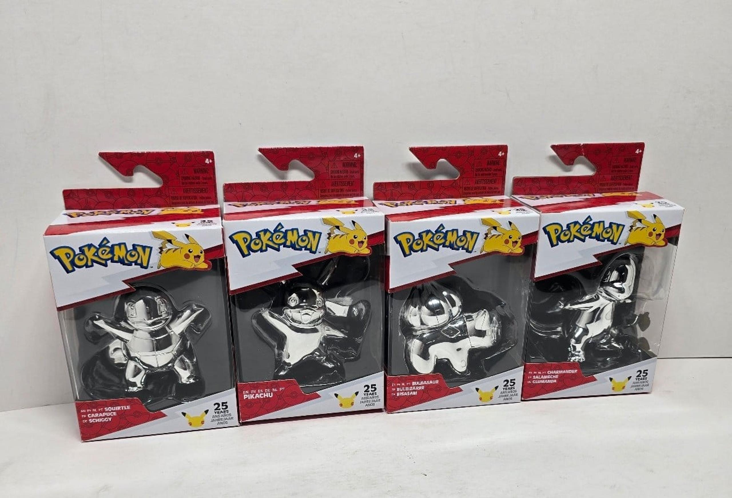 Pokemon 25 Years Silver Figure Bundle of 4 Pikachu, Charmander, squirtle& Bulbas