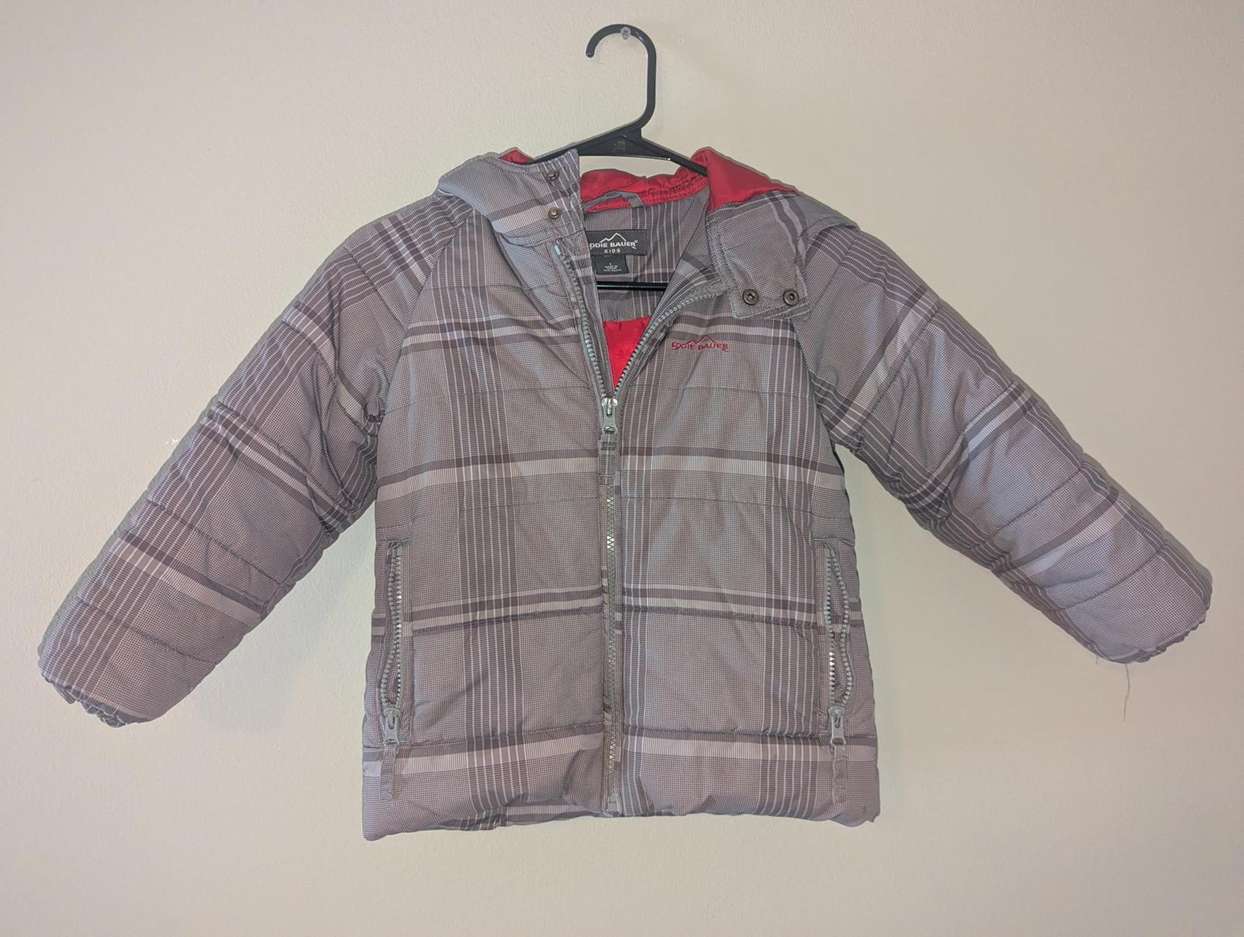 Eddie Bauer Kids Puffer Jacket - Gray Plaid with Red Lining Size 5