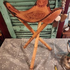 OLD Tooled Leather Tripod Saddle Stool HORSES