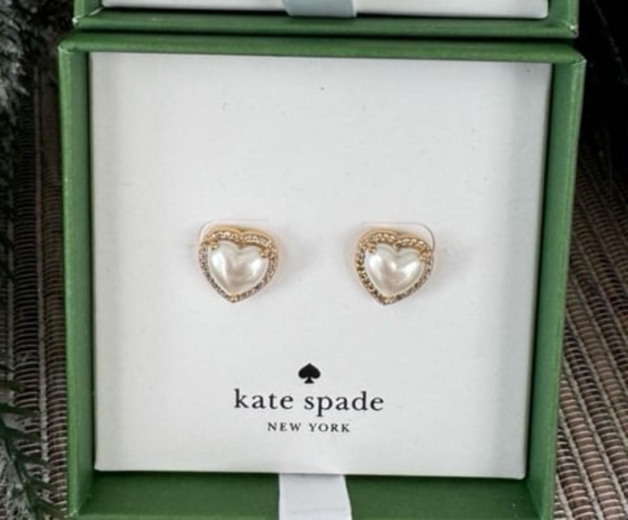 Kate Spade Gold "My Love" Faux Pearl & Diamond Heart Earrings NEW