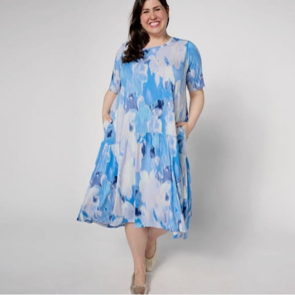 LOGO By Lori Goldstein Blue and White Watercolor Floral Peplum Dress