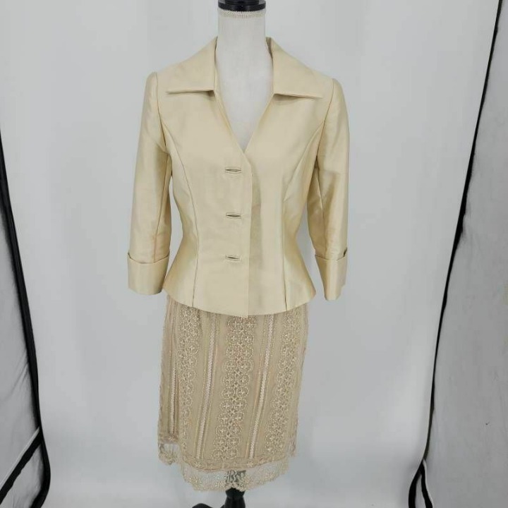 Jovani Silk Skirt Suit Beige Lace 6