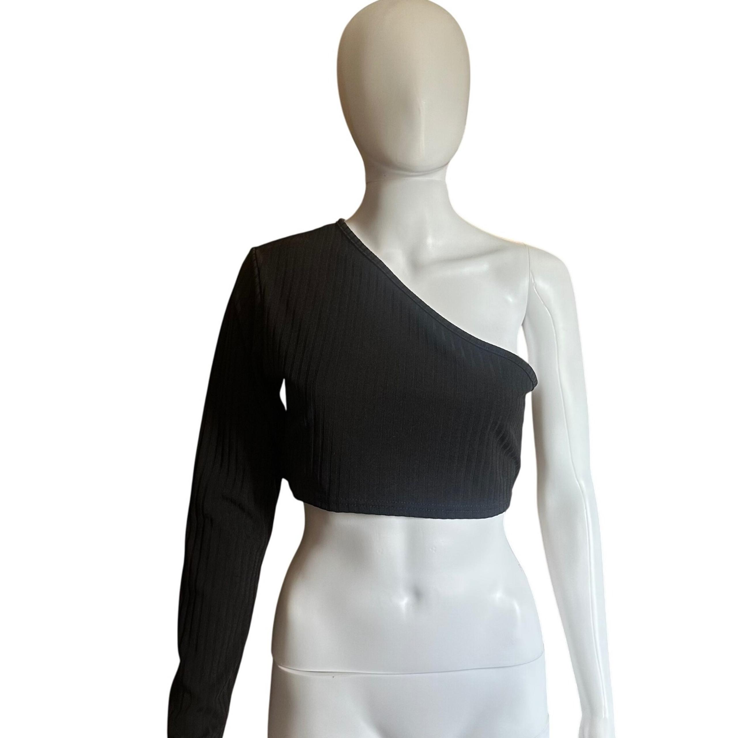 PrettyLittleThing One Shoulder Top Ribbed Long Sleeve Crop Top Black US 10