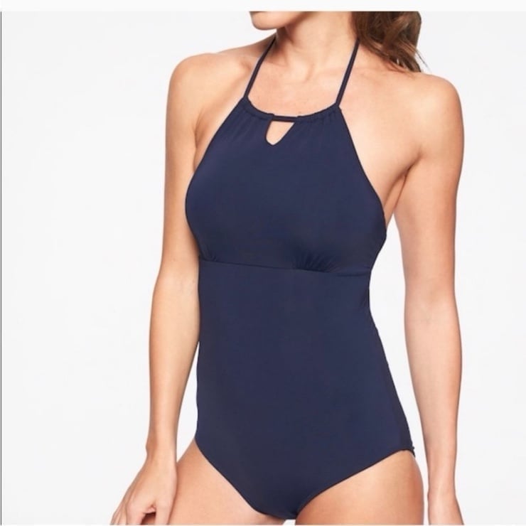 ATHLETA Navy High Neck Keyhole One Piece Scoop Back Swimsuit Size XXS