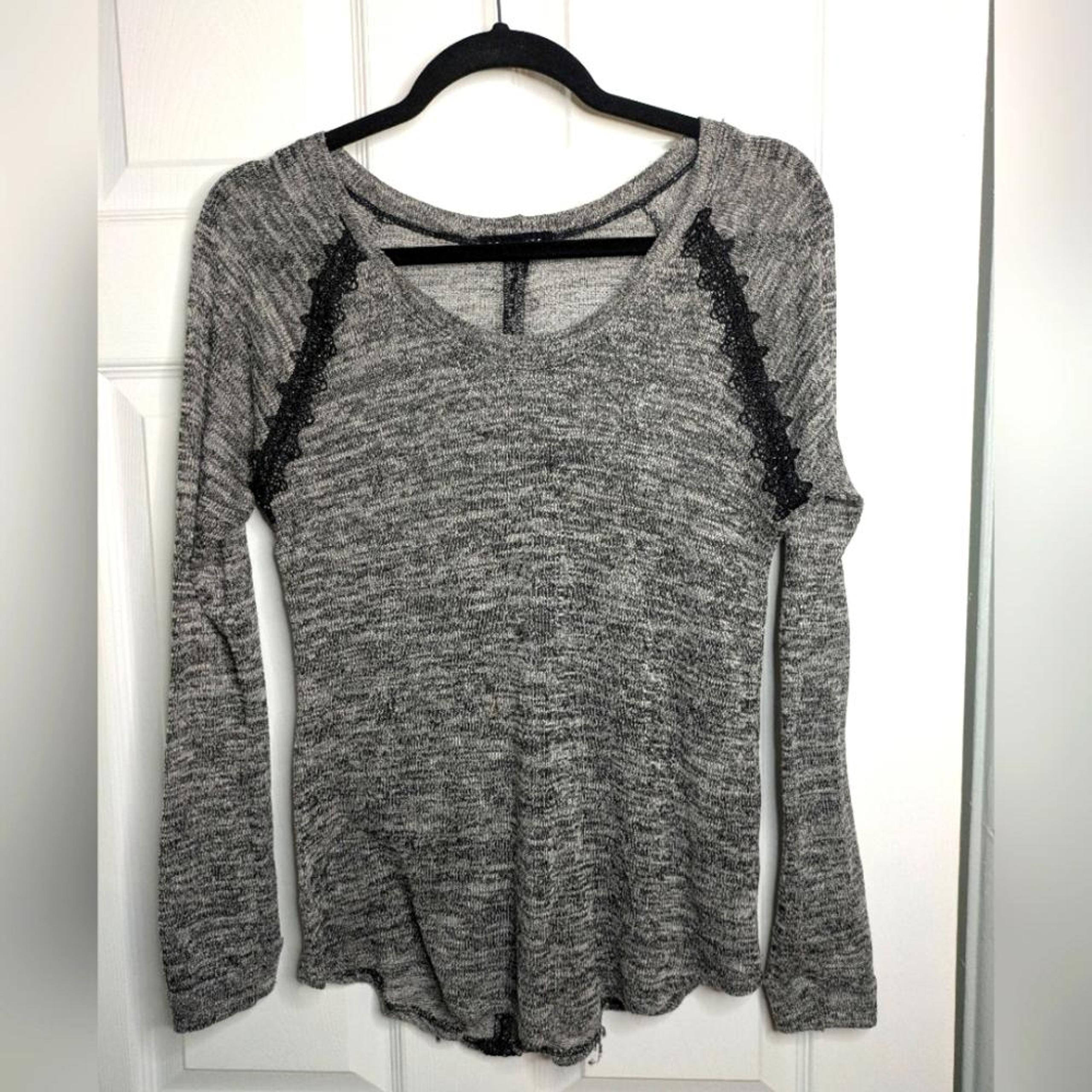 Socialite lightweight sweater in gray with black lace on front and up the back