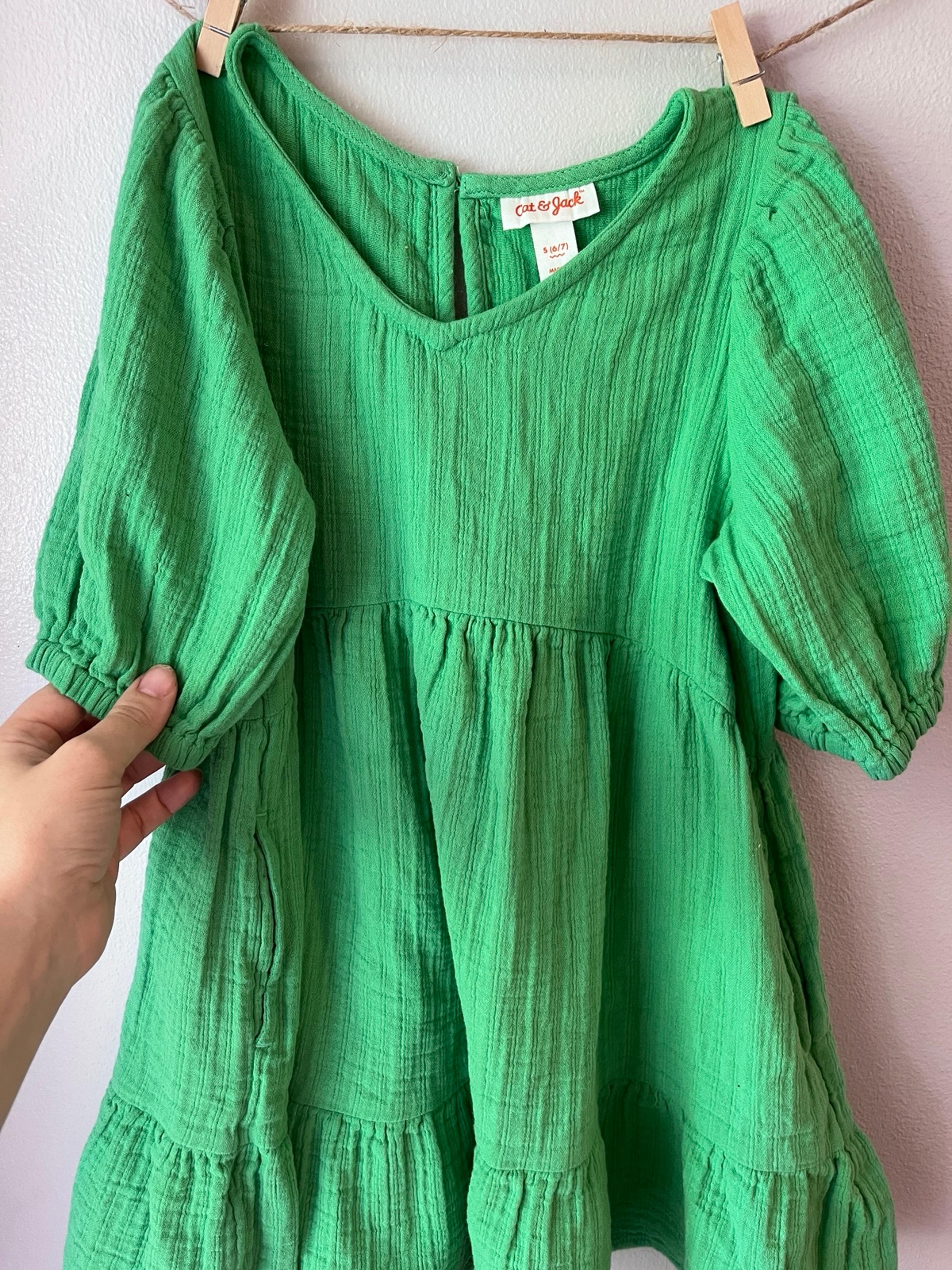 Cat & Jack Green Girls’ Dress Size S 6 7 Tiered 3/4 Sleeve 100% Cotton Gauze