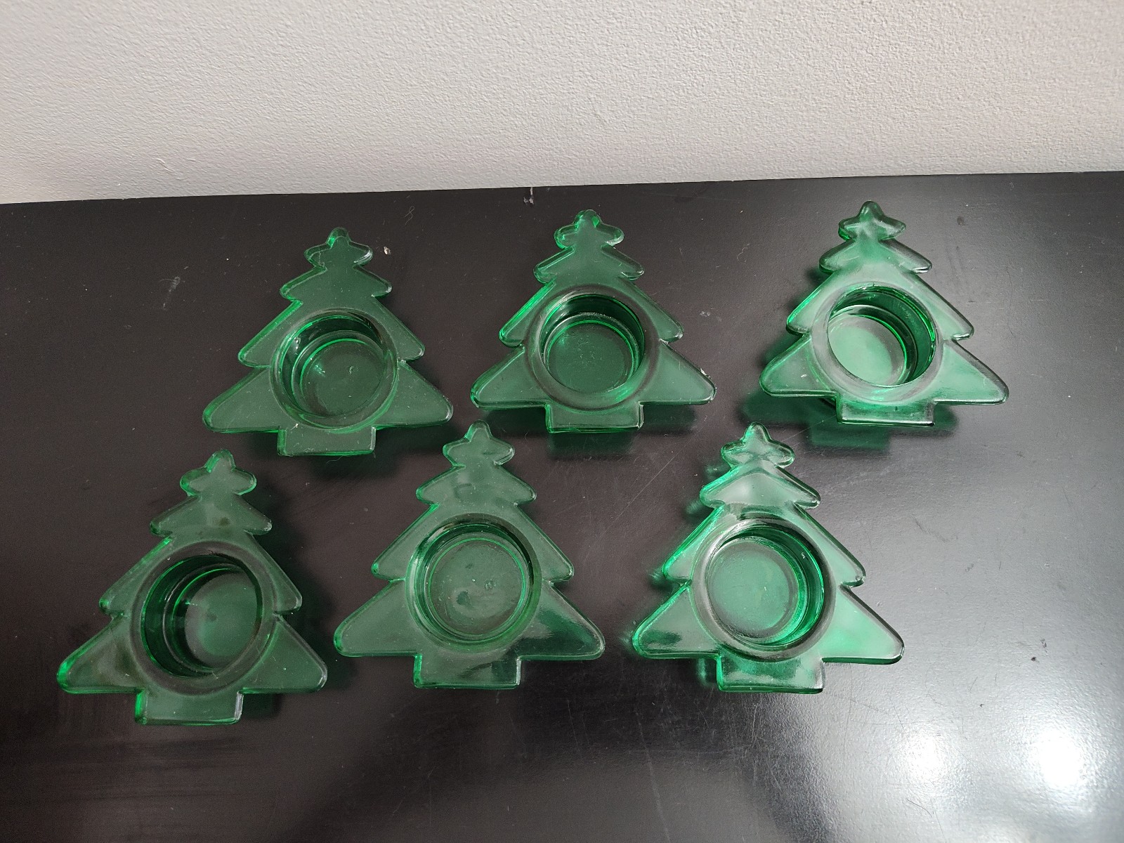 6 Vintage Heavy Glass Christmas Tree Tealight Candle Holders 4" Green.