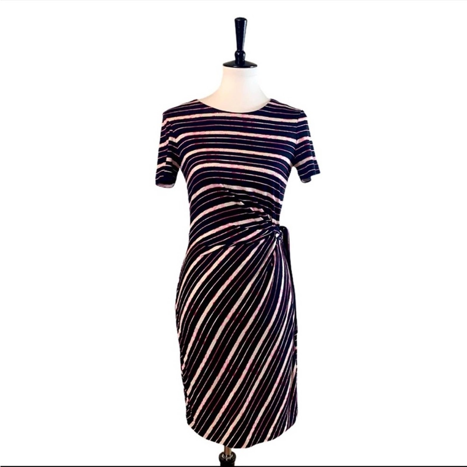 Diane Von Furstenberg Dress Faux Wrap Black Pink Stripes Dress Women’s Size 4
