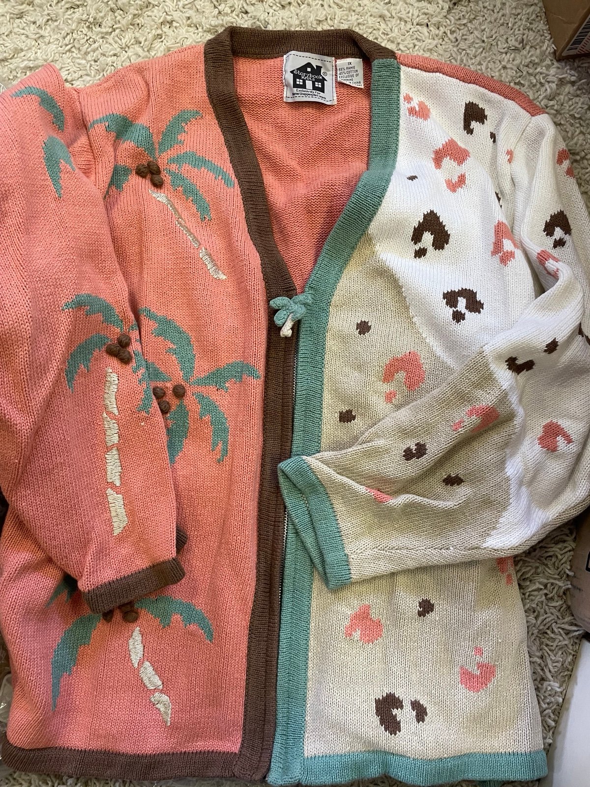 Vintage Storybook Knits Rare 1X Palm Tree And Cheetah Print Cardigan