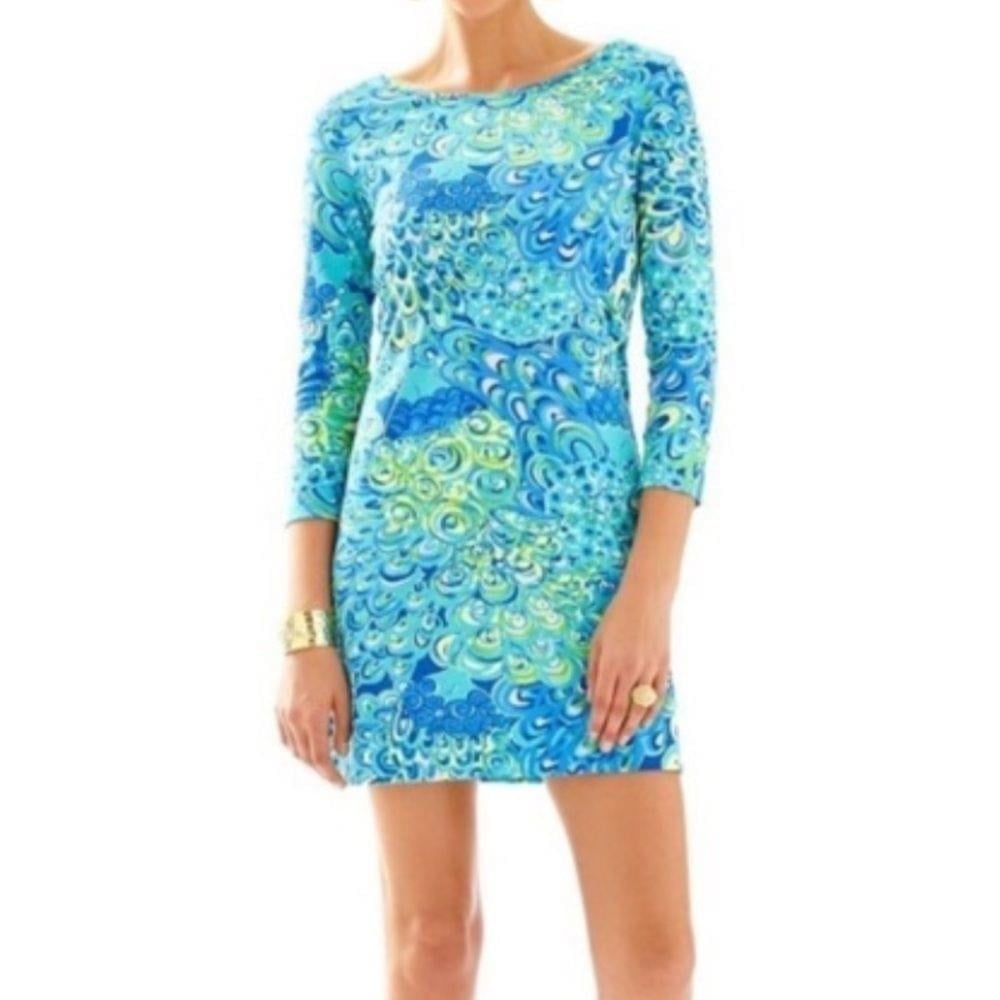 Lilly Pulitzer Marlowe Peacock T-Shirt Dress Blue Green Boatneck Size XS