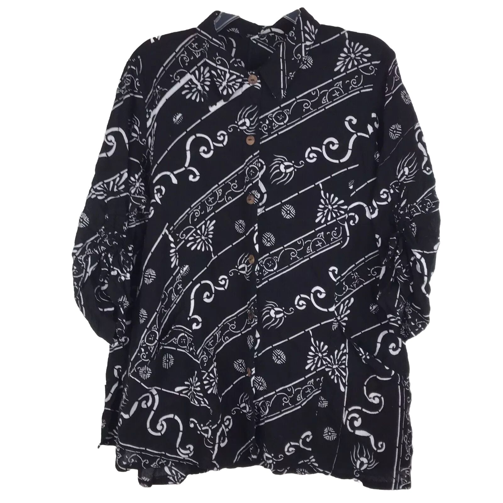 Yasuko Button Up Shirt 3/4 Sleeve Abstract Pockets Black White Lagenlook Sz M/L